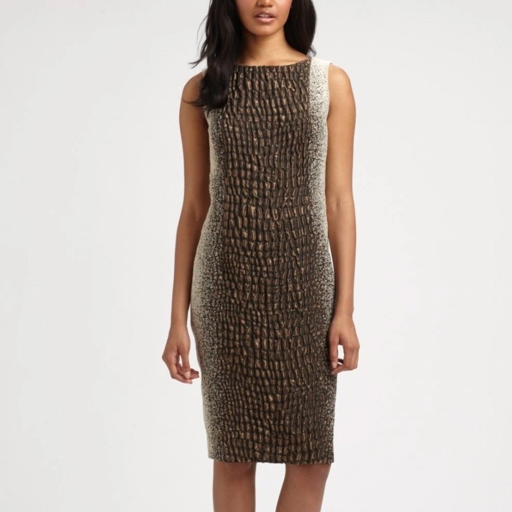 Lafayette 148 Faith Shift Dress 2 Brown Textured Metallic Jacquard Knee Length